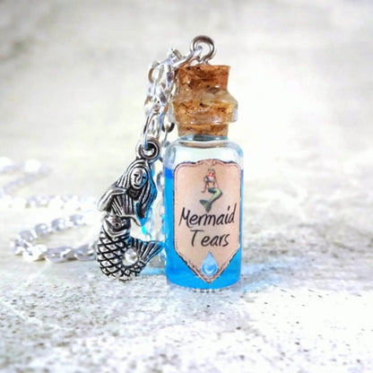 Mermaid Tears Bottle Necklace Glass Cork Potion Vial Charm Blue Liquid Shimmer Magic Spells Once Upon A Time