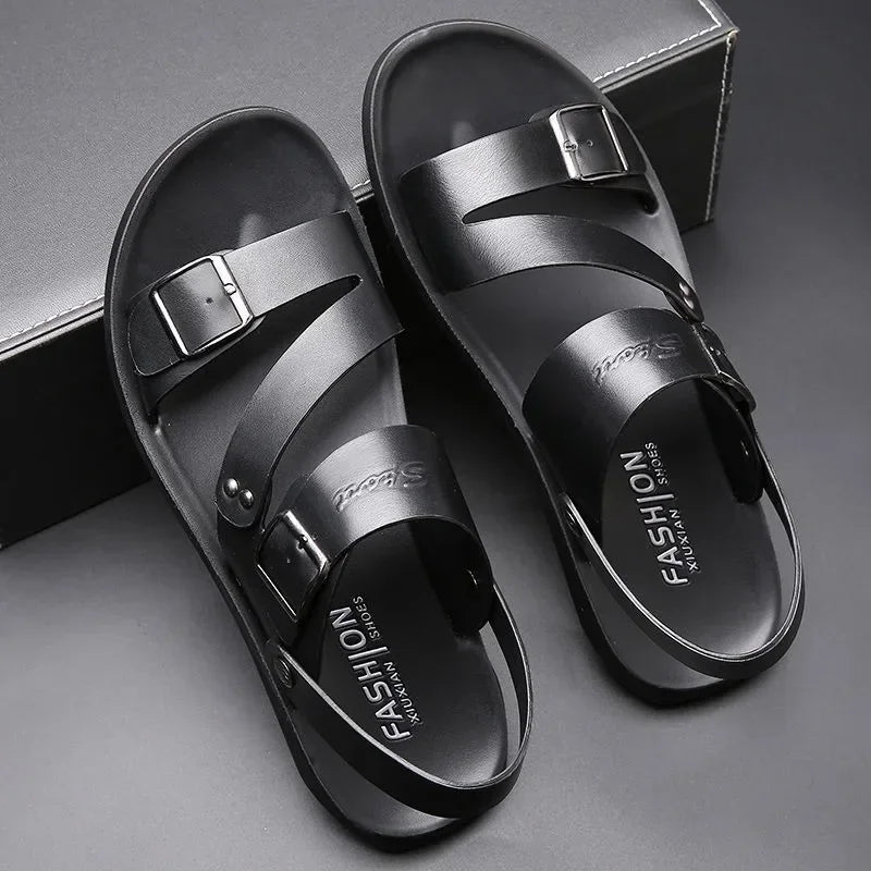 Men Sandals Solid Color PU Leather Men Shoes Summer Comfortable Open Toe Leather Mens Sandals Beach Rome Zapatos Para Hombres