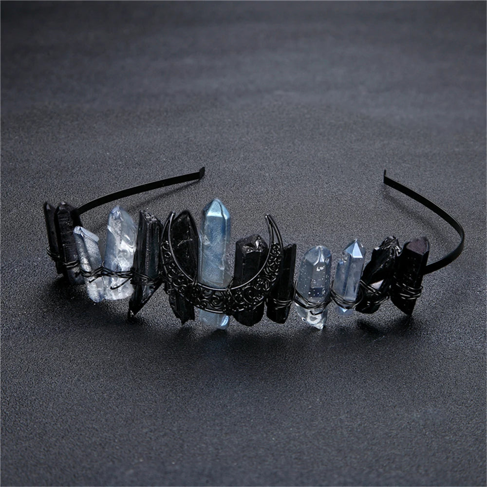 Gothic Natural Crystal Moon Hair Jewelry Women Raw Quartz Tiara Wicca Witch Headdress Electroplated Colorful Creative Prom Crown