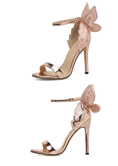 New Design Butterfly Wings Sandals Women Sexy Stiletto Patent Leather Party Dress Open Toe Buckle High Heels Platform Shoes Lady