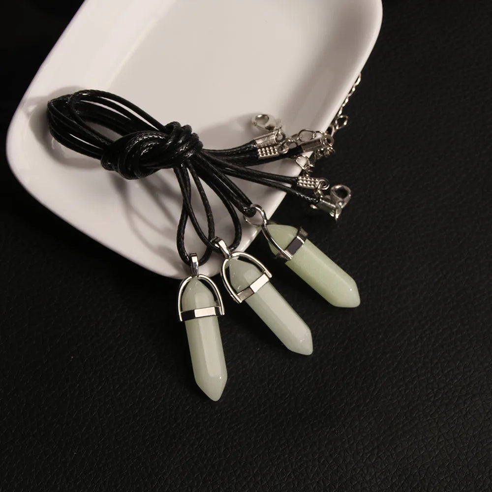 Dark Luminous Stone Fluorescent Hexagonal Column Necklace Natural Crystal Glowing in Bullet Pendant Leather Fashion Jewelry Gift