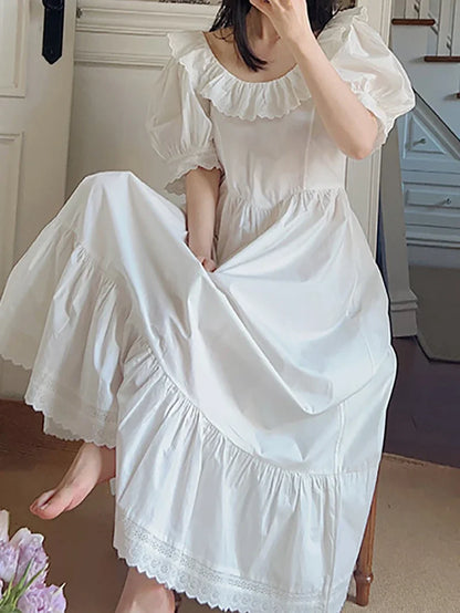 Vintage Pajama Nightdress Retro Hepburn Princess Ruffles Girl Bubble Sleeve Cotton Loose Sleepwear Summer Victorian Nightgowns