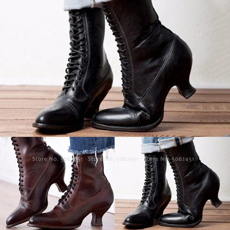 Medieval Vintage Gothic Retro Women Lady Witch Ankle Boots Winter Carnival Lace Up PU Leather High Heel Cosplay Shoes Plus Size