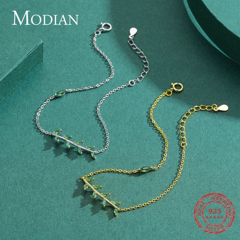 MODIAN 925 Sterling Silver Green Leaf Zirconia Adjustable Link Chain Bracelet For Women Fashion Wedding Jewelry Accessories