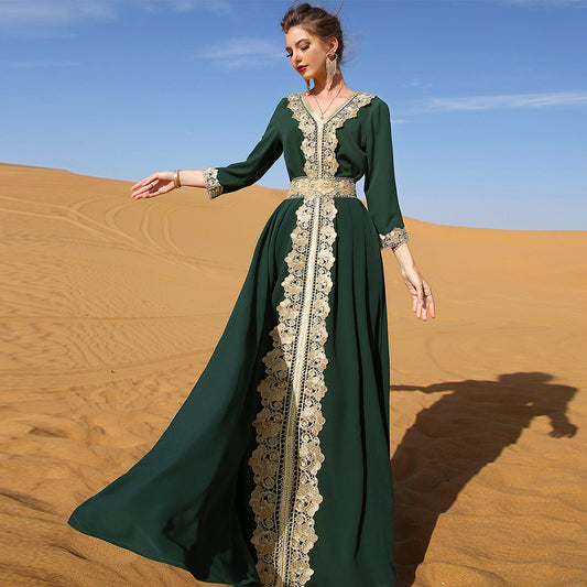 Fashion Women's Dark Green Embroidered Lace Dress